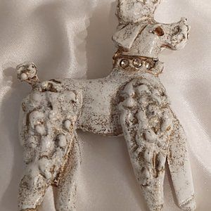 Vintage Metal White Poodle Brooch with gems